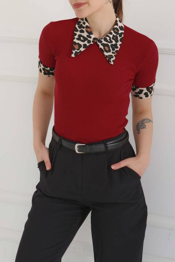 Leopar Yakalı Crop Bordo - 27136 - 2