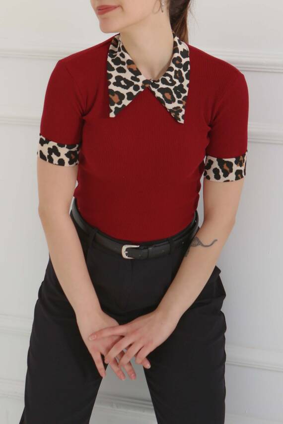 Leopar Yakalı Crop Bordo - 27136 - 3