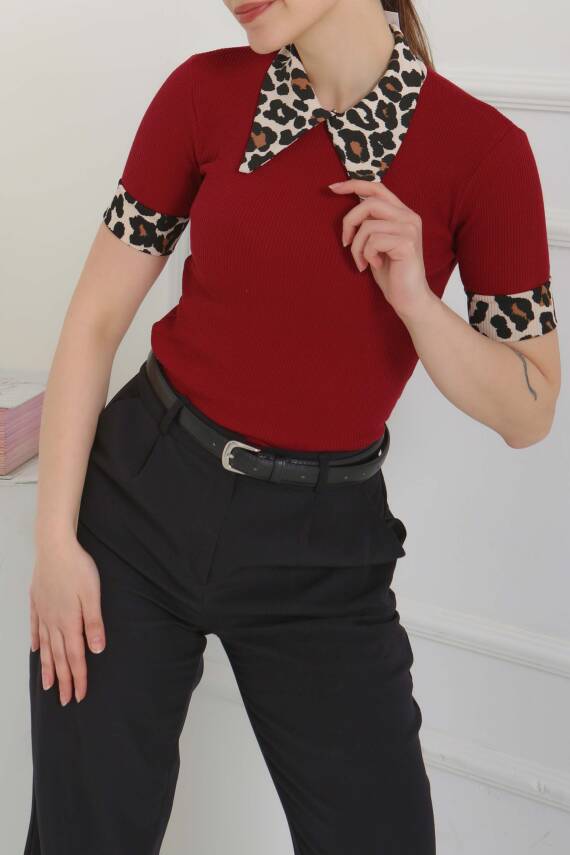 Leopar Yakalı Crop Bordo - 27136 - 5