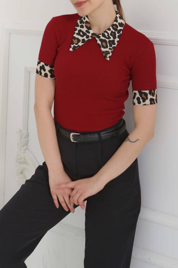 Leopar Yakalı Crop Bordo - 27136 - 6