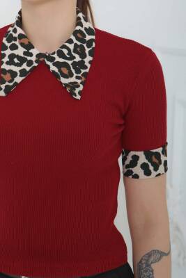 Leopar Yakalı Crop Bordo - 27136 - 7