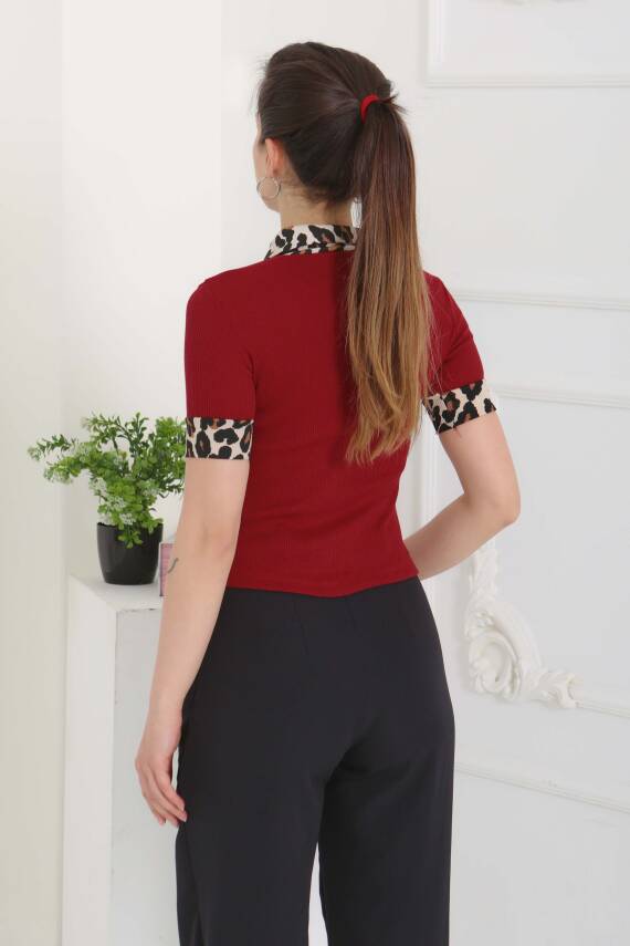 Leopar Yakalı Crop Bordo - 27136 - 8