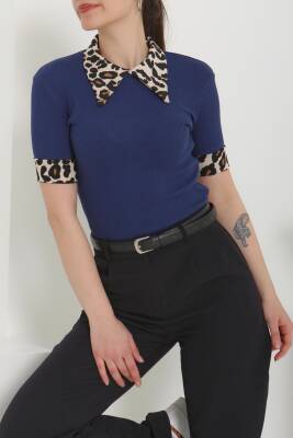 Leopar Yakalı Crop Lacivert - 27136 - 1
