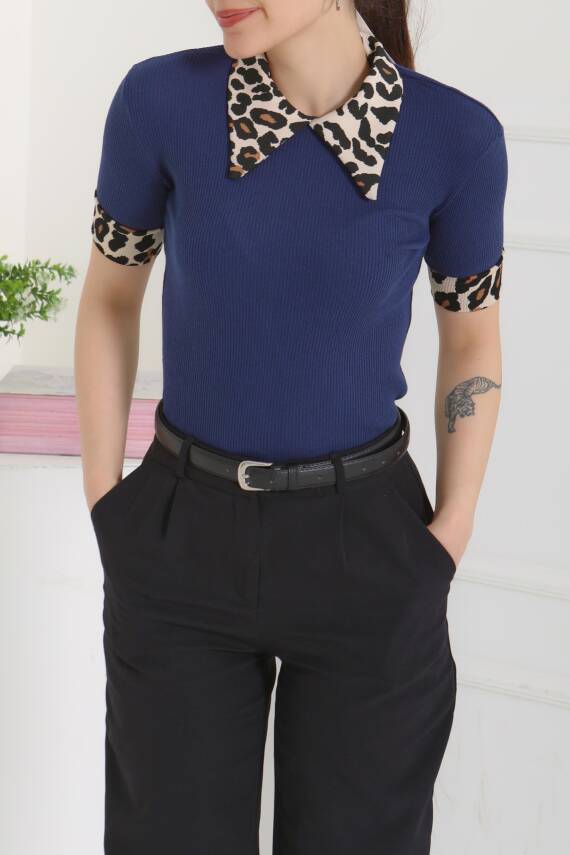 Leopar Yakalı Crop Lacivert - 27136 - 2