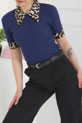 Leopar Yakalı Crop Lacivert - 27136 - 4