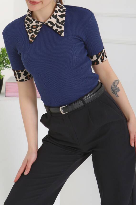Leopar Yakalı Crop Lacivert - 27136 - 4