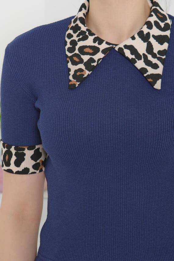 Leopar Yakalı Crop Lacivert - 27136 - 5