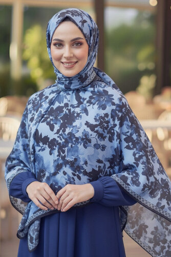 Midnight Bloom Serisi Pamuk Şal Lacivert - 27986-LACIVERT