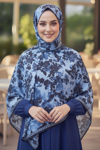 Midnight Bloom Serisi Pamuk Şal Lacivert - 27986-LACIVERT - 2