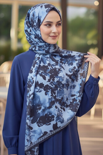 Midnight Bloom Serisi Pamuk Şal Lacivert - 27986-LACIVERT - 3