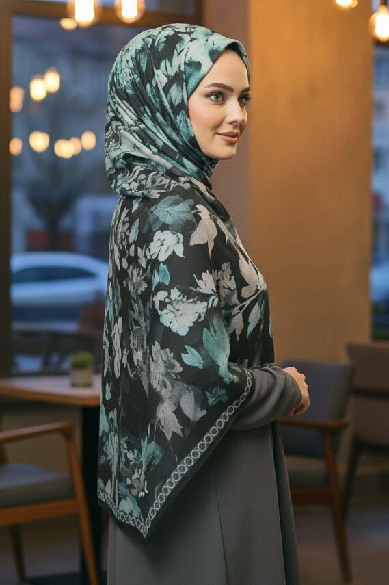Midnight Bloom Serisi Pamuk Şal Petrol - 27986-PETROL - 2