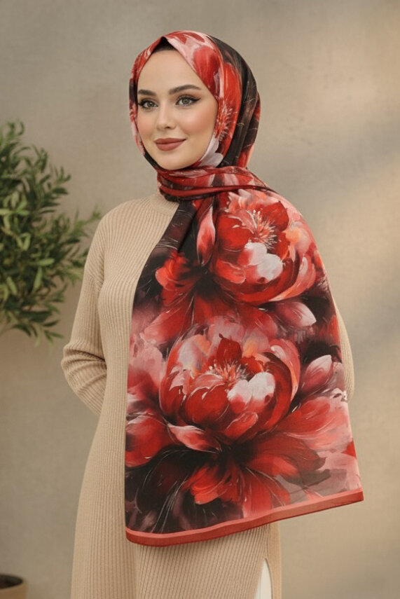 Mystic Flora Serisi Pamuk Şal Kirmizi - 27988-KIRMIZI - 2