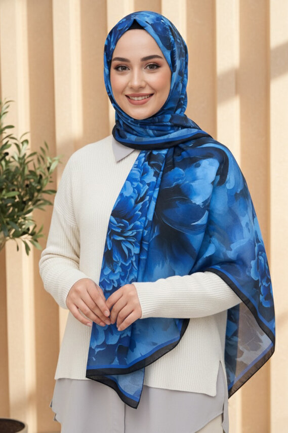 Mystic Flora Serisi Pamuk Şal Saks - 27988-SAKS - 1