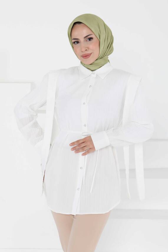 Omuz Bağlama Detaylı Tunik Beyaz - 27195 - 4