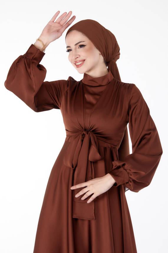 Önden Bağlamalı Abiye Elbise Kahve - 25342 - 2