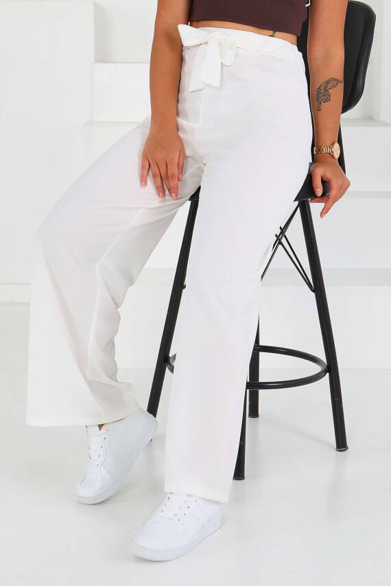 Önden Bağlamalı Pantolon Beyaz - 27553 - 2
