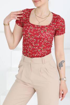 Oval Yaka Çiçek Desenli Bluz Bordo - 27279 