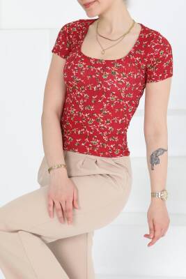 Oval Yaka Çiçek Desenli Bluz Bordo - 27279 - 2