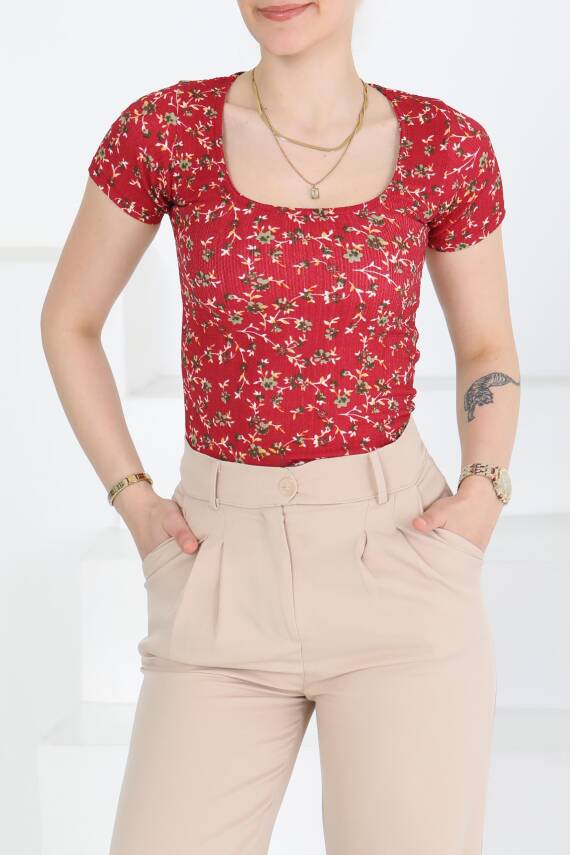 Oval Yaka Çiçek Desenli Bluz Bordo - 27279 - 3