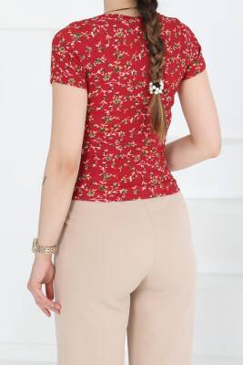 Oval Yaka Çiçek Desenli Bluz Bordo - 27279 - 4