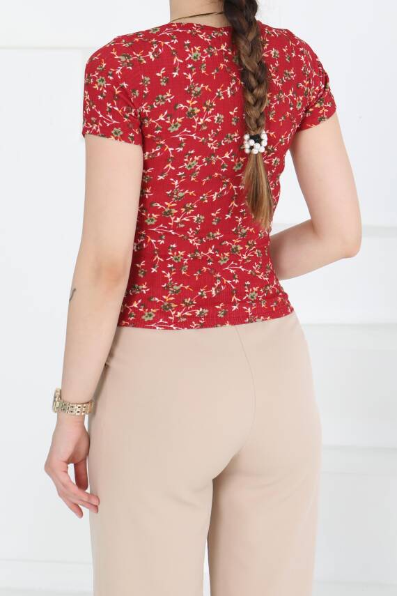 Oval Yaka Çiçek Desenli Bluz Bordo - 27279 - 4
