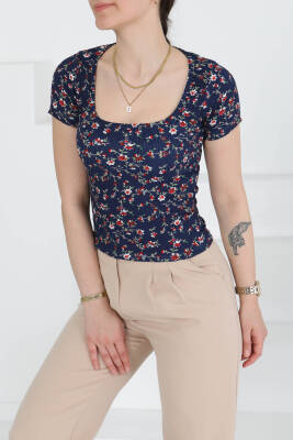 Oval Yaka Çiçek Desenli Bluz Lacivert - 27279 - 3