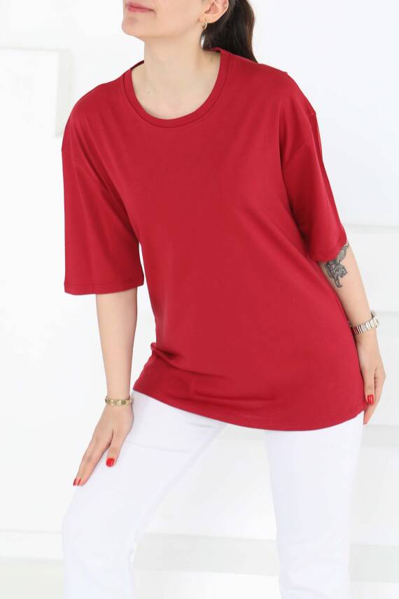 Oversize Kısa Kollu T-Şhirt Bordo - 27118 - 2