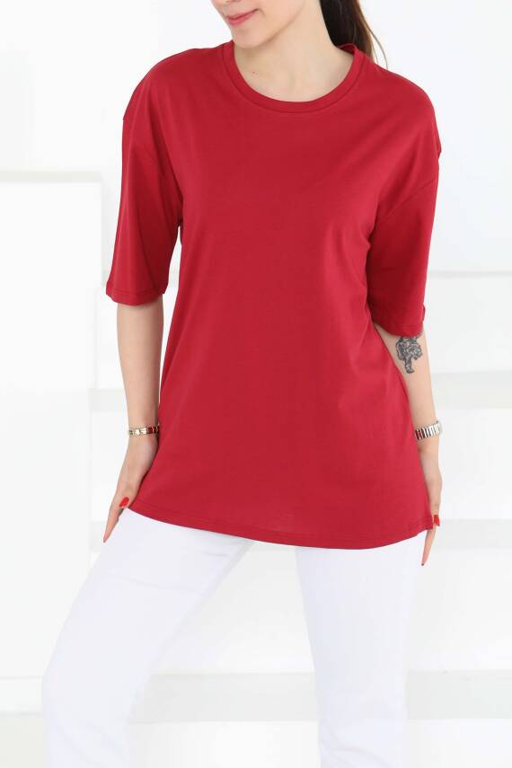 Oversize Kısa Kollu T-Şhirt Bordo - 27118 - 3