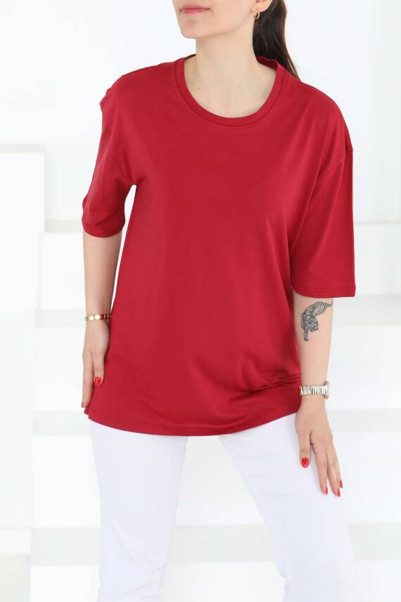 Oversize Kısa Kollu T-Şhirt Bordo - 27118 - 4