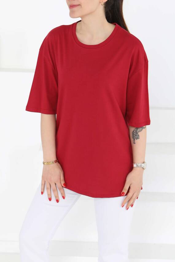 Oversize Kısa Kollu T-Şhirt Bordo - 27118 - 5