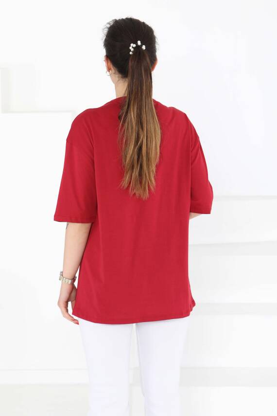 Oversize Kısa Kollu T-Şhirt Bordo - 27118 - 7