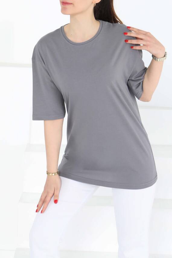Oversize Kısa Kollu T-Şhirt Gri - 27118 - 2