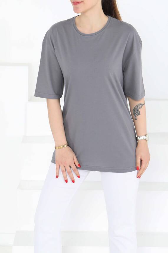 Oversize Kısa Kollu T-Şhirt Gri - 27118 - 3