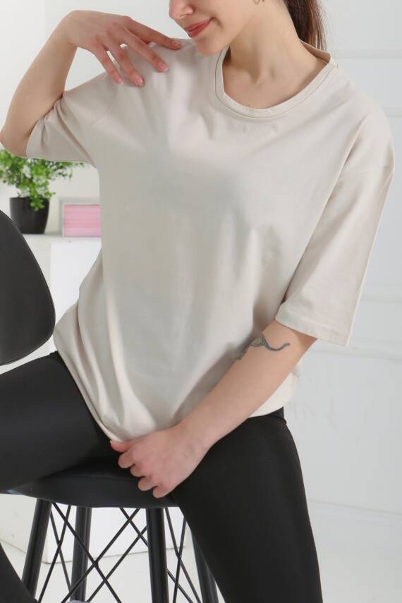 Oversize Kısa Kollu T-Şhirt Krem - 27118 - 1