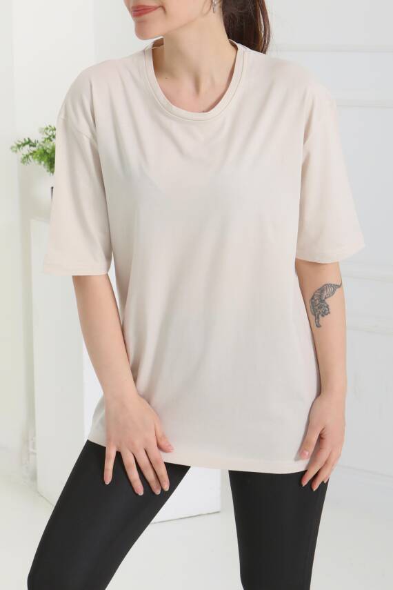 Oversize Kısa Kollu T-Şhirt Krem - 27118 - 2