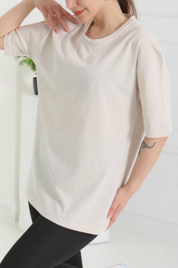 Oversize Kısa Kollu T-Şhirt Krem - 27118 - 3