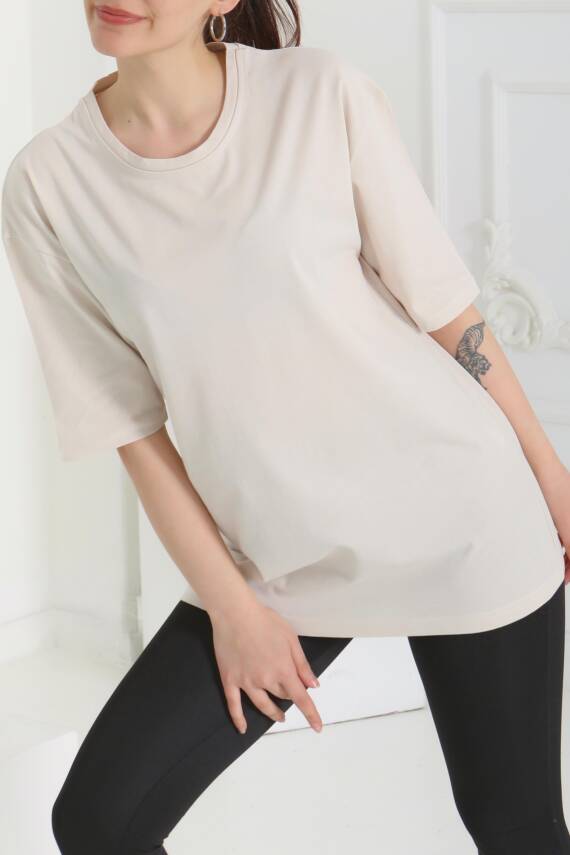 Oversize Kısa Kollu T-Şhirt Krem - 27118 - 4