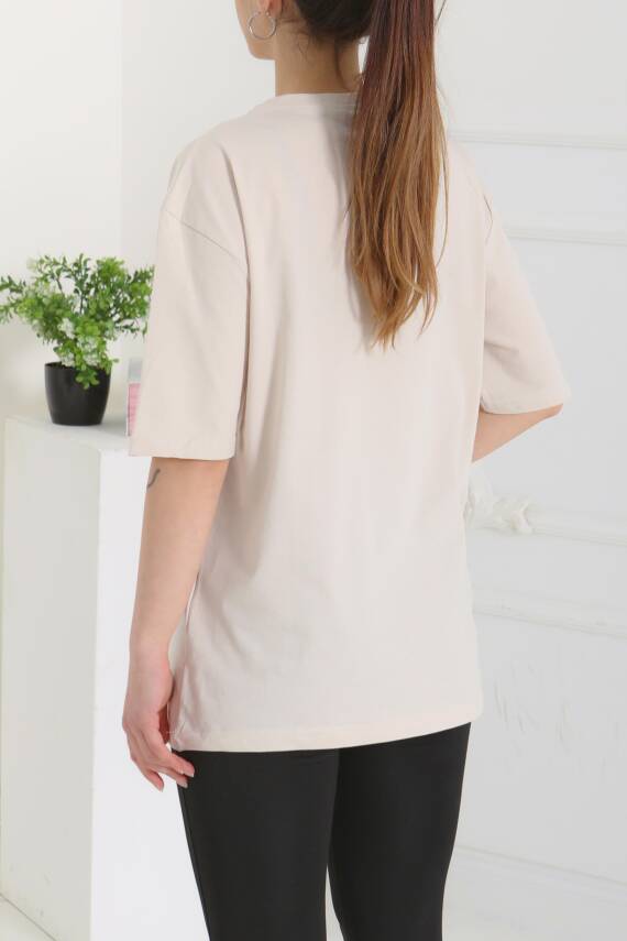 Oversize Kısa Kollu T-Şhirt Krem - 27118 - 5