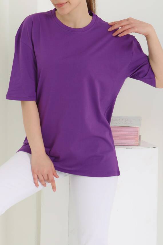 Oversize Kısa Kollu T-Şhirt Mor - 27118 - 1