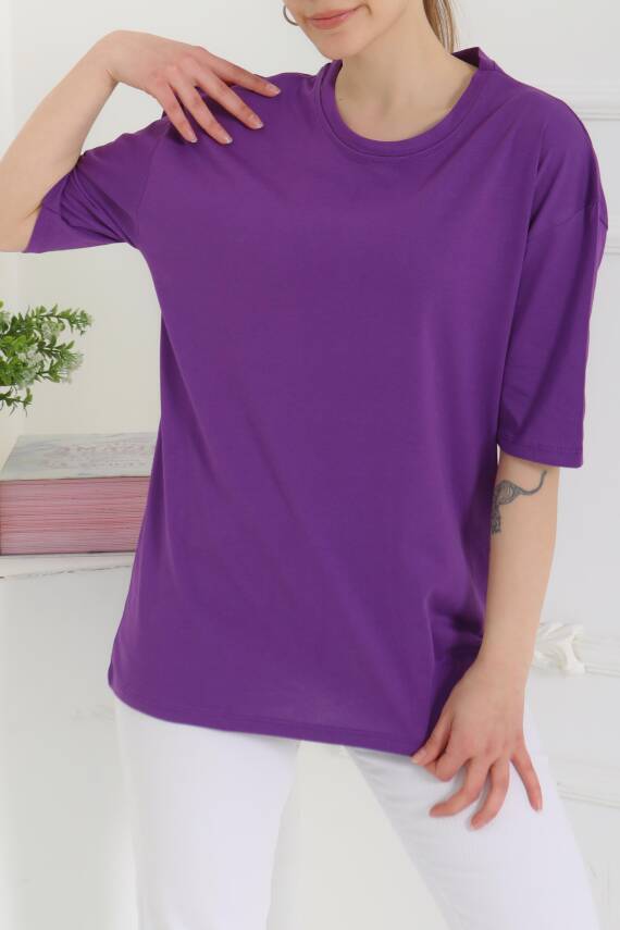 Oversize Kısa Kollu T-Şhirt Mor - 27118 - 3