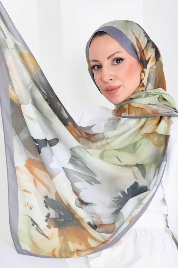 Pastel Flora Serisi Pamuk Şal Haki - 27857-HAKI - 5