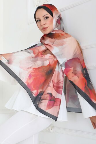 Pastel Flora Serisi Pamuk Şal Oranj - 27857-ORANJ - 4