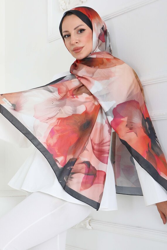 Pastel Flora Serisi Pamuk Şal Oranj - 27857-ORANJ - 4
