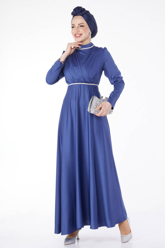 Pile Detaylı Abiye Elbise Indigo - 24900 - 1