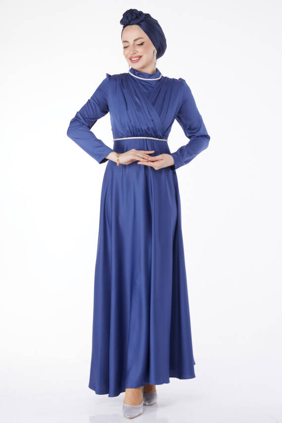 Pile Detaylı Abiye Elbise Indigo - 24900 - 2