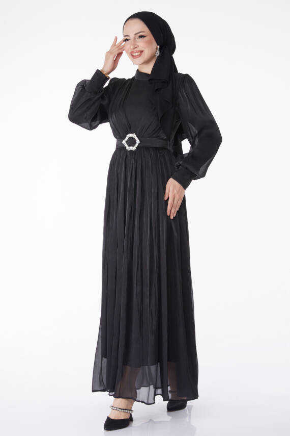 Pileli Abiye Elbise Siyah - 25284 - 2