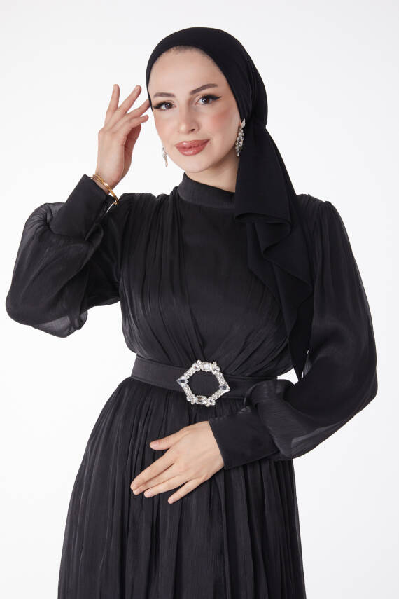 Pileli Abiye Elbise Siyah - 25284 - 3