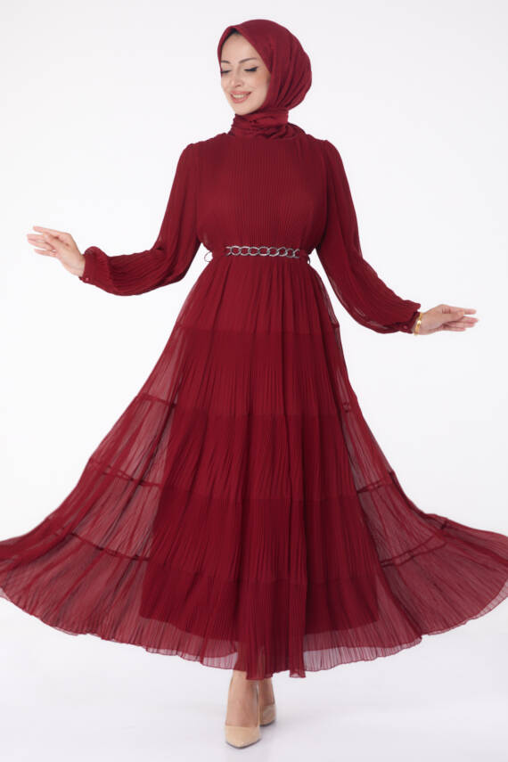 Pliseli Abiye Elbise Bordo - 26198 - 1