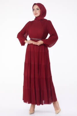 Pliseli Abiye Elbise Bordo - 26198 - 2