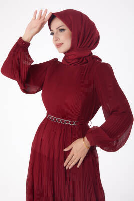 Pliseli Abiye Elbise Bordo - 26198 - 3